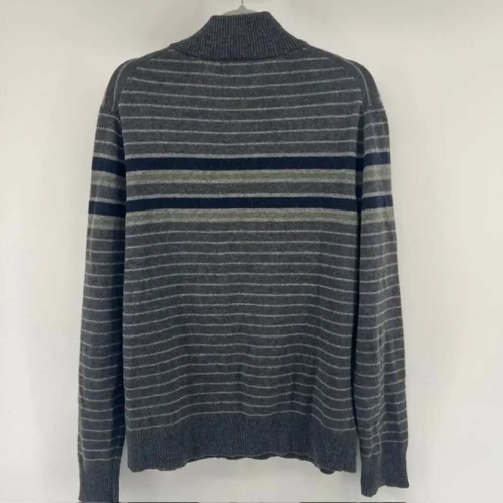 Banana Republic 1/4 Zip Lambs Wool Sweater Mens L Gray Blue Stripe Y2K Preppy